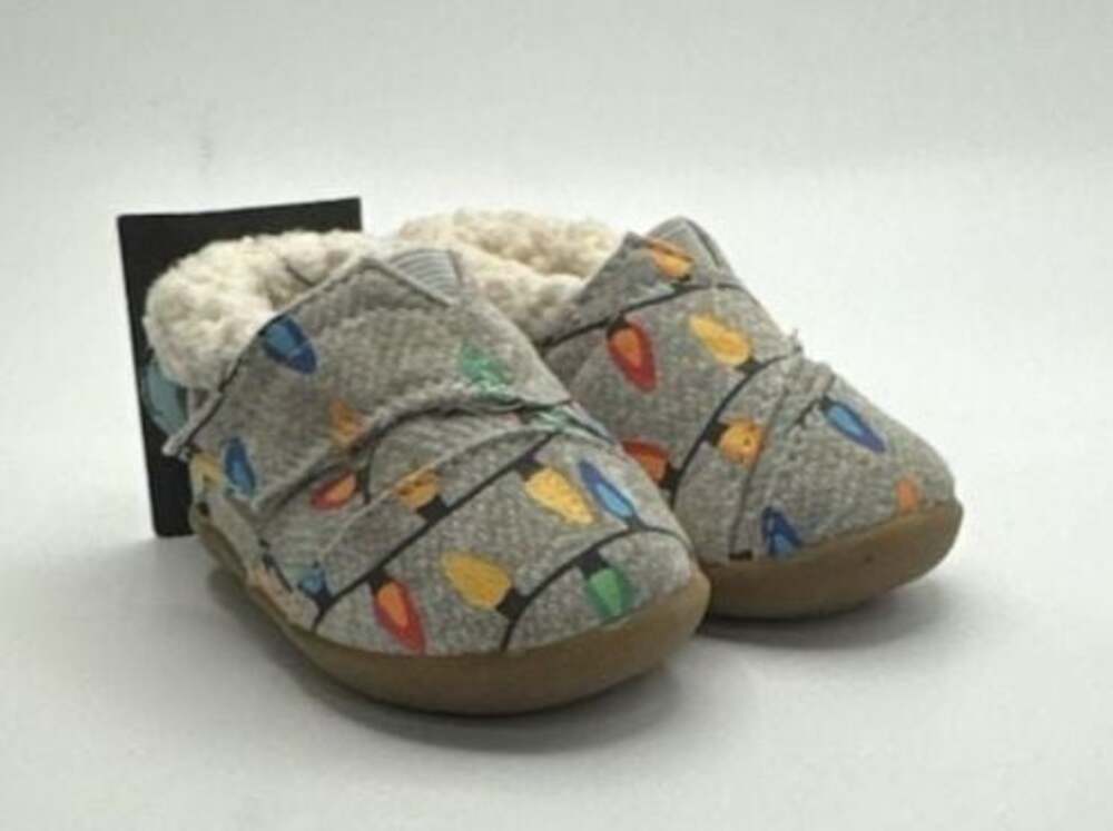 TOMS baby 2 Toddler Grey Christmas Lights Print Faux Fur Lined Slippers